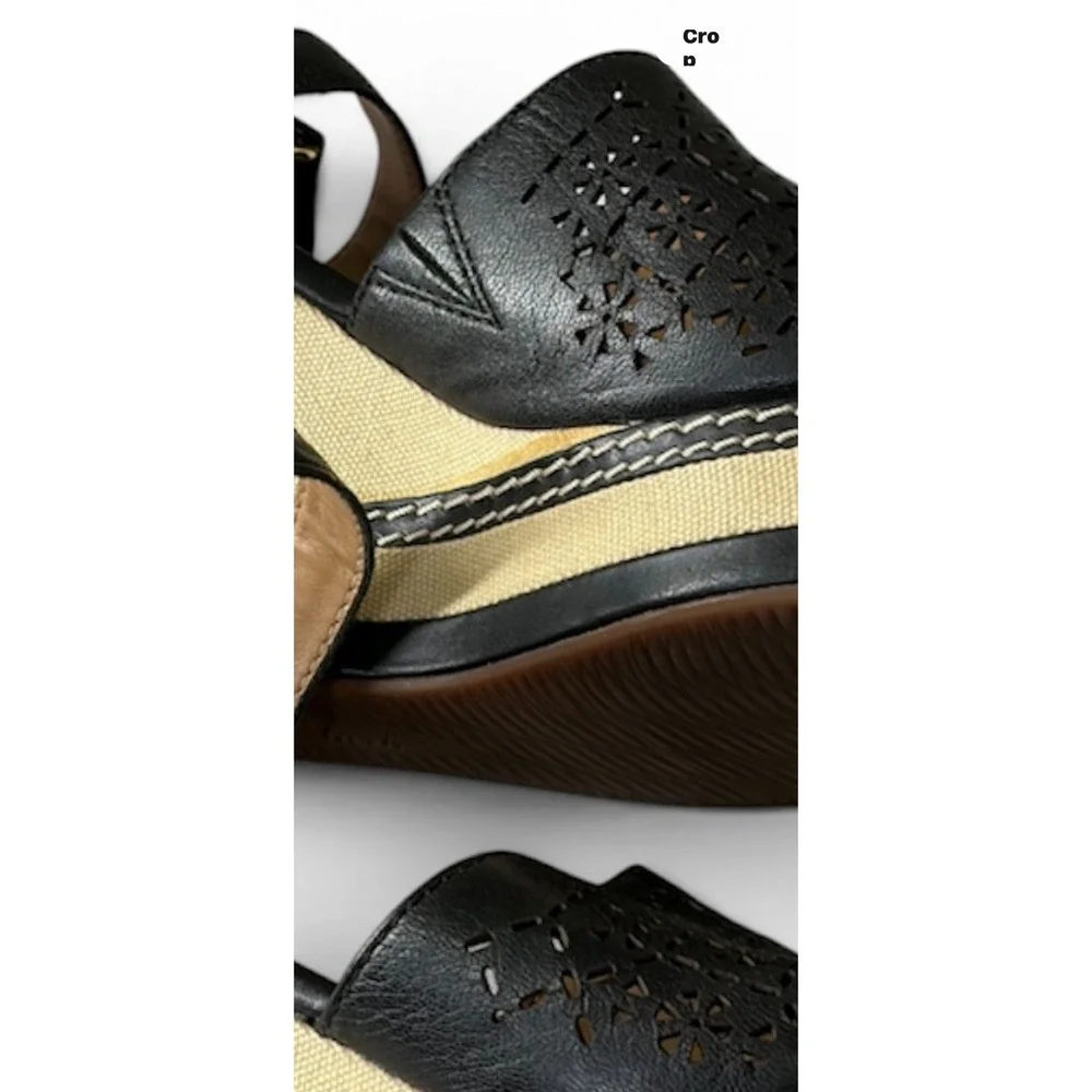 Clarks Wedge Sandals 9 Black‎ Women Laser Cut Leather Canvas Platform *READ*